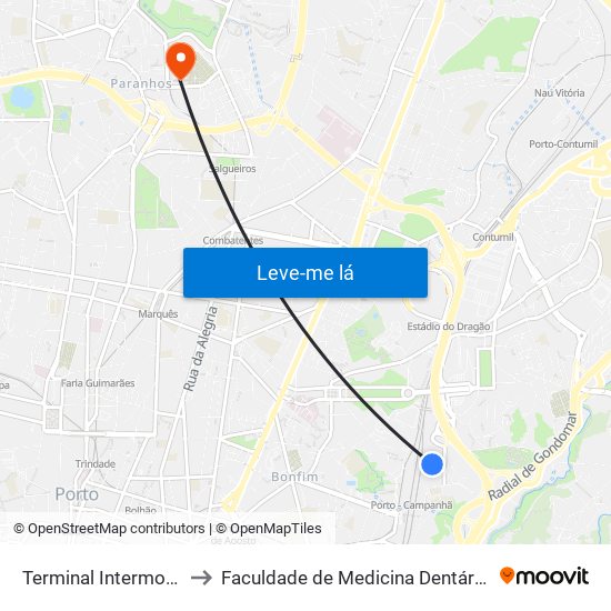 Terminal Intermodal de Campanhã to Faculdade de Medicina Dentária da Universidade do Porto map