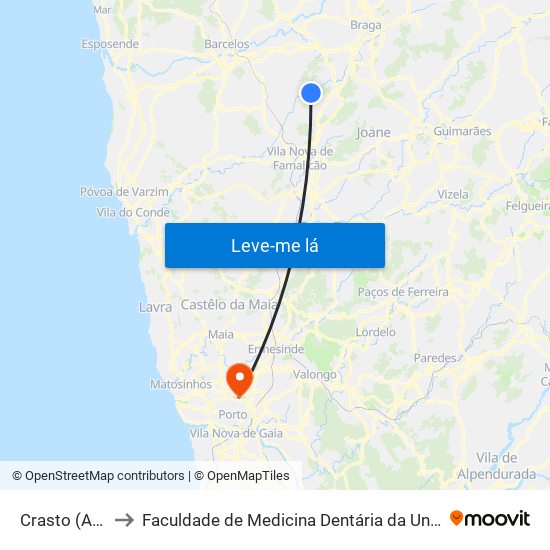 Crasto (Arentim) to Faculdade de Medicina Dentária da Universidade do Porto map