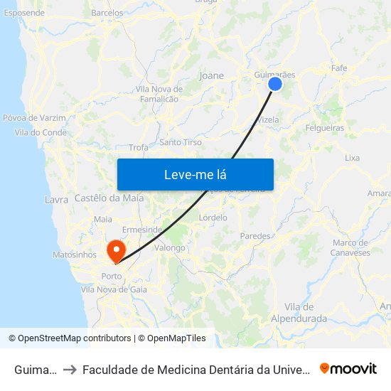 Guimarães to Faculdade de Medicina Dentária da Universidade do Porto map