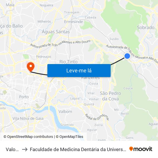 Valongo to Faculdade de Medicina Dentária da Universidade do Porto map