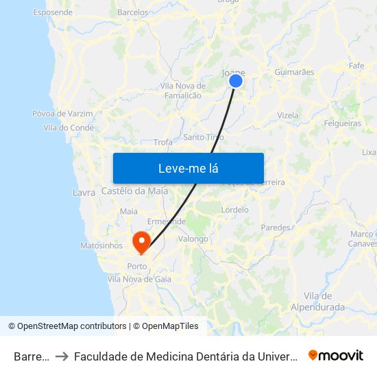 Barreiros to Faculdade de Medicina Dentária da Universidade do Porto map