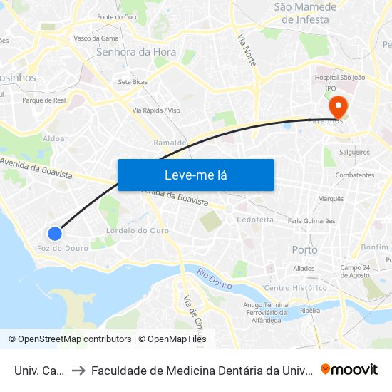 Univ. Católica to Faculdade de Medicina Dentária da Universidade do Porto map