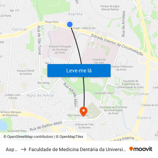 Asprela to Faculdade de Medicina Dentária da Universidade do Porto map