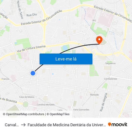 Carvalhido to Faculdade de Medicina Dentária da Universidade do Porto map