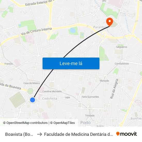 Boavista (Bom Sucesso) to Faculdade de Medicina Dentária da Universidade do Porto map