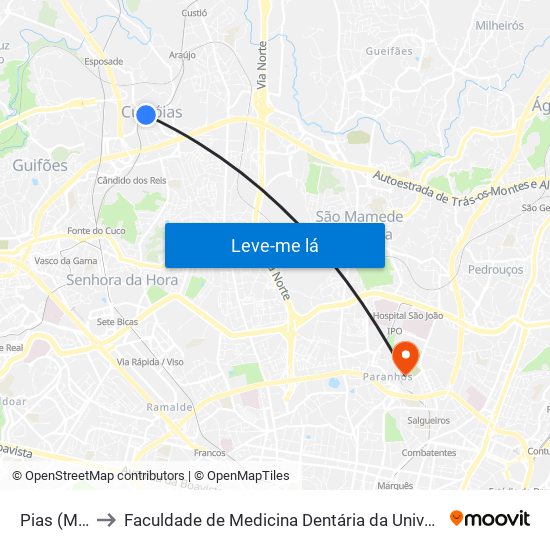 Pias (Metro) to Faculdade de Medicina Dentária da Universidade do Porto map
