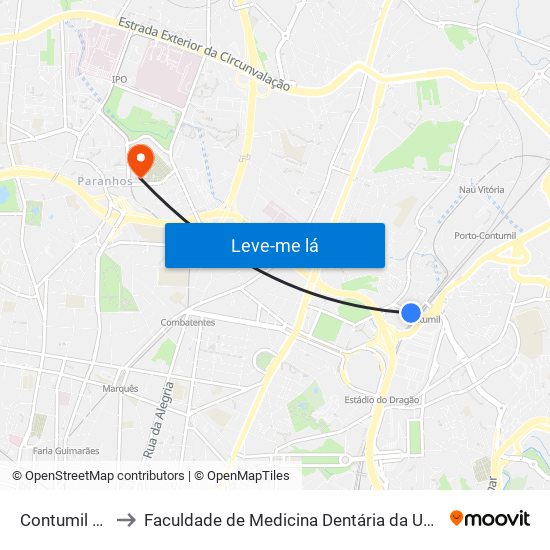 Contumil (Metro) to Faculdade de Medicina Dentária da Universidade do Porto map