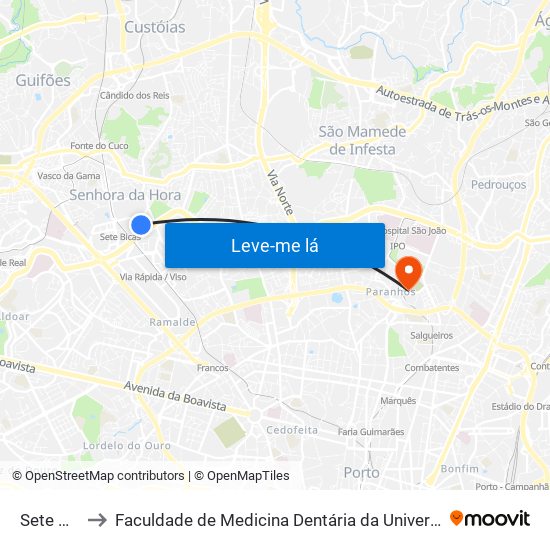 Sete Bicas to Faculdade de Medicina Dentária da Universidade do Porto map