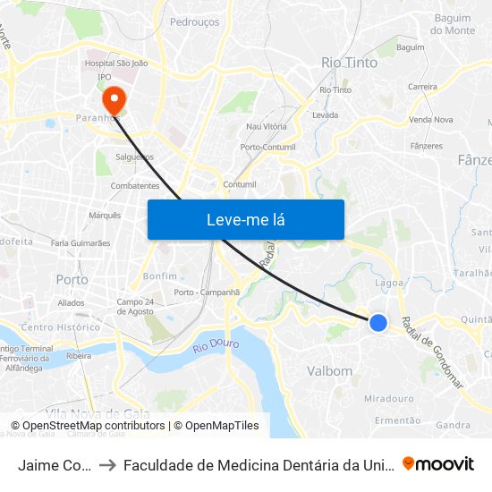 Jaime Cortesão to Faculdade de Medicina Dentária da Universidade do Porto map