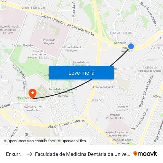 Enxurreiras to Faculdade de Medicina Dentária da Universidade do Porto map