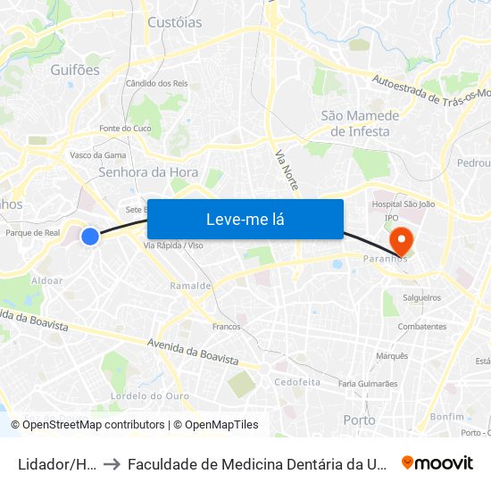 Lidador/Hospital to Faculdade de Medicina Dentária da Universidade do Porto map