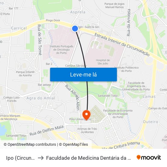 Ipo (Circunvalação) to Faculdade de Medicina Dentária da Universidade do Porto map
