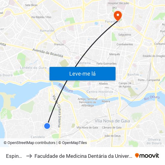 Espinheiro to Faculdade de Medicina Dentária da Universidade do Porto map