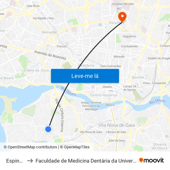 Espinheiro to Faculdade de Medicina Dentária da Universidade do Porto map