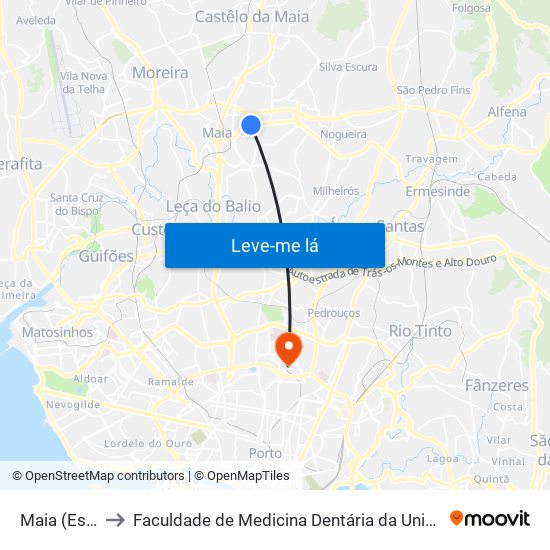 Maia (Estádio) to Faculdade de Medicina Dentária da Universidade do Porto map
