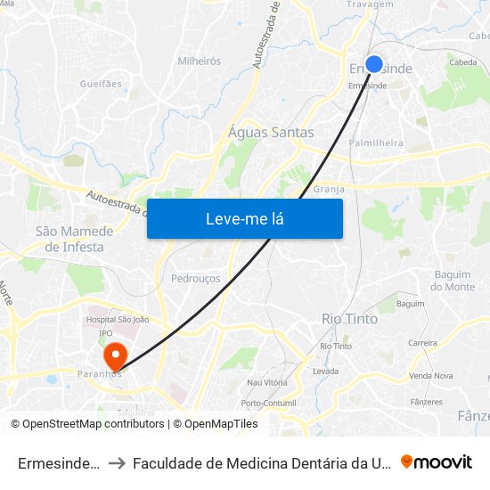 Ermesinde (Igreja) to Faculdade de Medicina Dentária da Universidade do Porto map