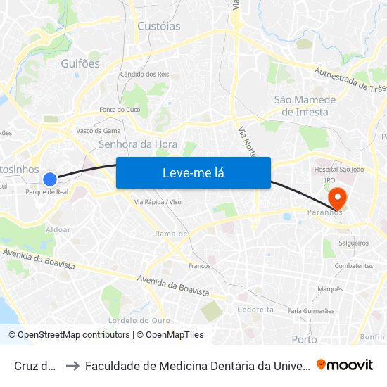 Cruz de Pau to Faculdade de Medicina Dentária da Universidade do Porto map