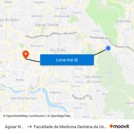 Aguiar Nogueira to Faculdade de Medicina Dentária da Universidade do Porto map