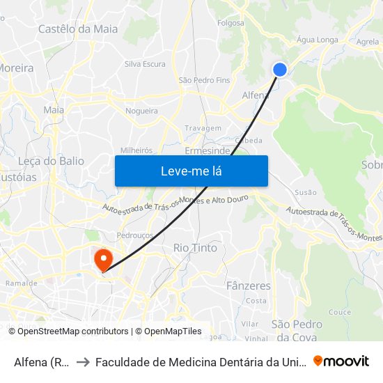 Alfena (Ribeiro) to Faculdade de Medicina Dentária da Universidade do Porto map