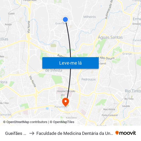 Gueifães (Igreja) to Faculdade de Medicina Dentária da Universidade do Porto map