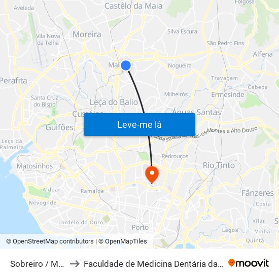 Sobreiro / Maia (Plaza) to Faculdade de Medicina Dentária da Universidade do Porto map