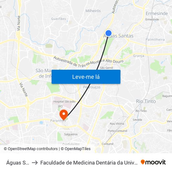 Águas Santas to Faculdade de Medicina Dentária da Universidade do Porto map