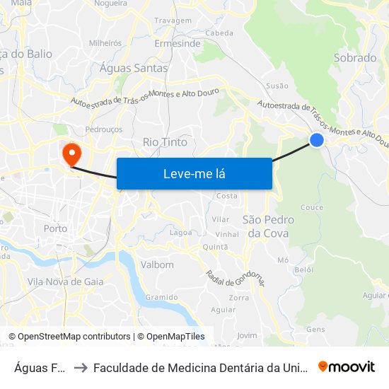 Águas Férreas to Faculdade de Medicina Dentária da Universidade do Porto map