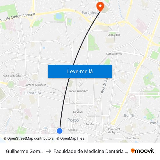 Guilherme Gomes Fernandes to Faculdade de Medicina Dentária da Universidade do Porto map