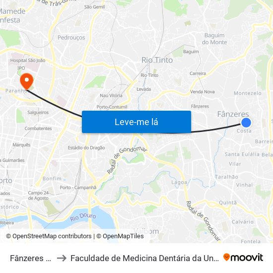 Fânzeres (Igreja) to Faculdade de Medicina Dentária da Universidade do Porto map