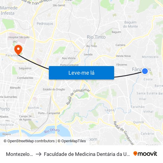 Montezelo Cruz.to to Faculdade de Medicina Dentária da Universidade do Porto map