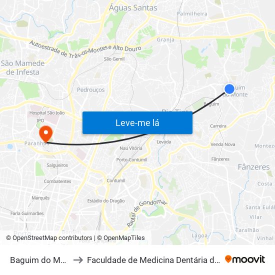 Baguim do Monte (Igreja) to Faculdade de Medicina Dentária da Universidade do Porto map