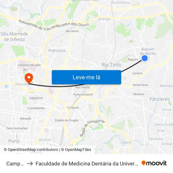 Campinho to Faculdade de Medicina Dentária da Universidade do Porto map