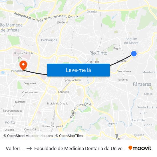 Valferreiros to Faculdade de Medicina Dentária da Universidade do Porto map
