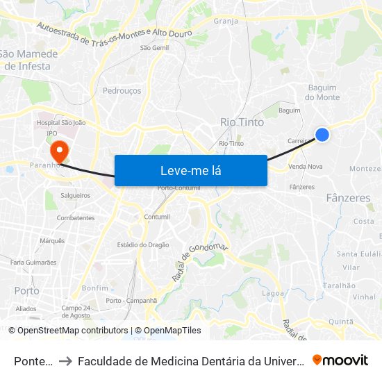 Pontelhas to Faculdade de Medicina Dentária da Universidade do Porto map