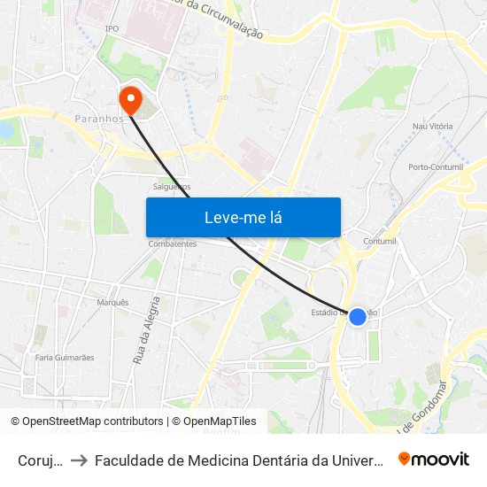 Corujeira to Faculdade de Medicina Dentária da Universidade do Porto map