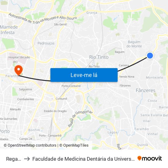Regadas to Faculdade de Medicina Dentária da Universidade do Porto map