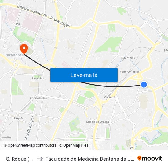 S. Roque (Circunv.) to Faculdade de Medicina Dentária da Universidade do Porto map