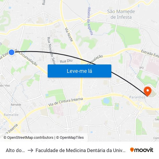 Alto do Viso to Faculdade de Medicina Dentária da Universidade do Porto map