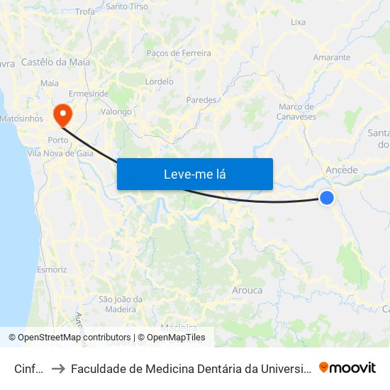 Cinfães to Faculdade de Medicina Dentária da Universidade do Porto map