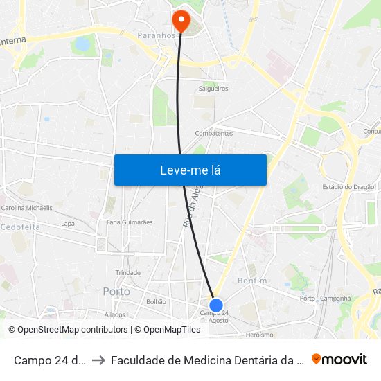 Campo 24 de Agosto to Faculdade de Medicina Dentária da Universidade do Porto map