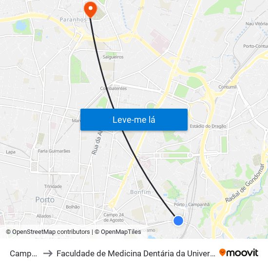 Campanhã to Faculdade de Medicina Dentária da Universidade do Porto map