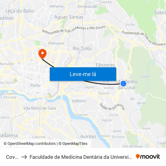 Covilhã to Faculdade de Medicina Dentária da Universidade do Porto map