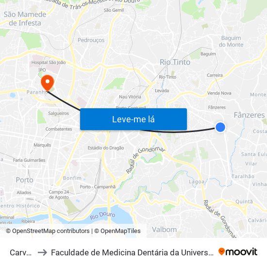 Carvalha to Faculdade de Medicina Dentária da Universidade do Porto map