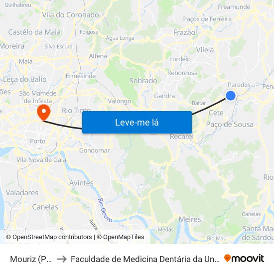 Mouriz (Perrace) to Faculdade de Medicina Dentária da Universidade do Porto map