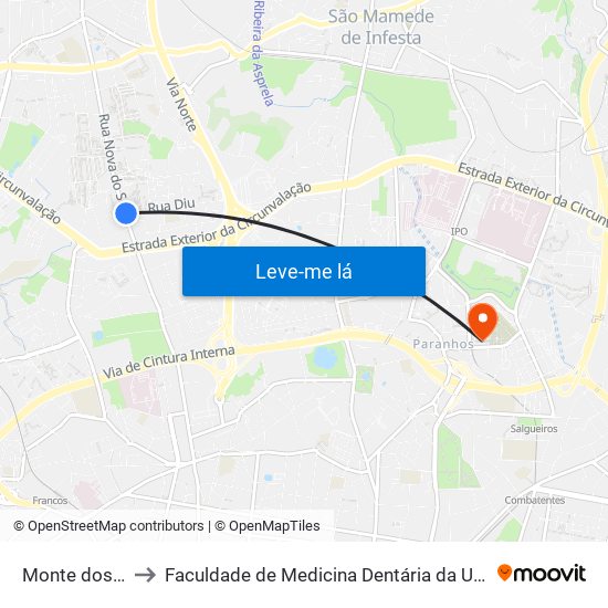 Monte dos Burgos to Faculdade de Medicina Dentária da Universidade do Porto map