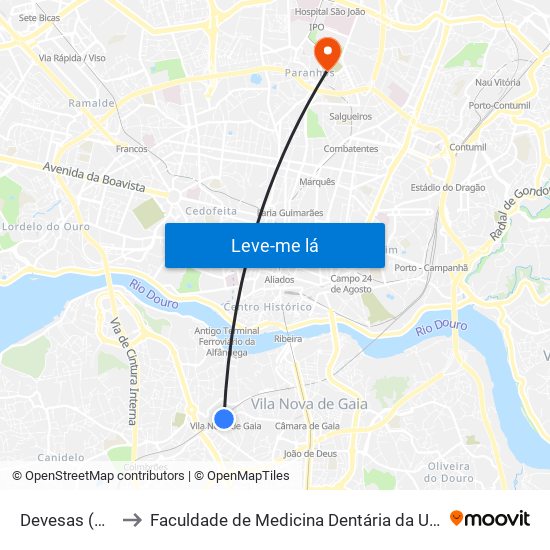 Devesas (Estação) to Faculdade de Medicina Dentária da Universidade do Porto map