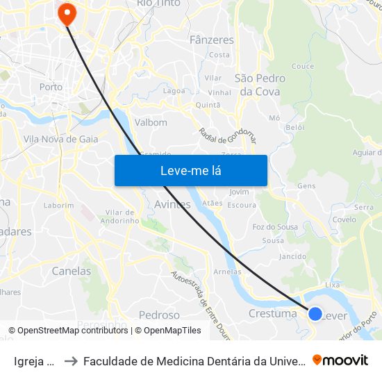 Igreja Lever to Faculdade de Medicina Dentária da Universidade do Porto map