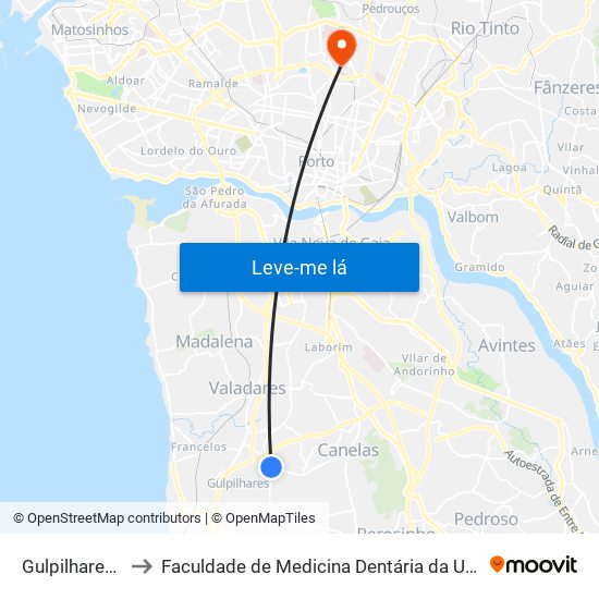 Gulpilhares - Viúva to Faculdade de Medicina Dentária da Universidade do Porto map