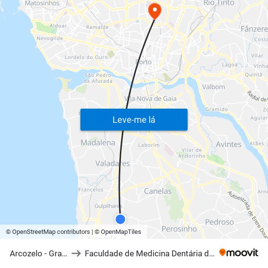 Arcozelo - Grades Verdes to Faculdade de Medicina Dentária da Universidade do Porto map