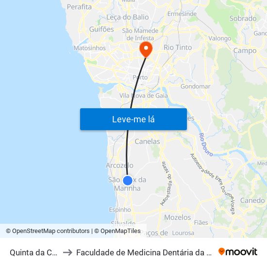 Quinta da Camarinha to Faculdade de Medicina Dentária da Universidade do Porto map